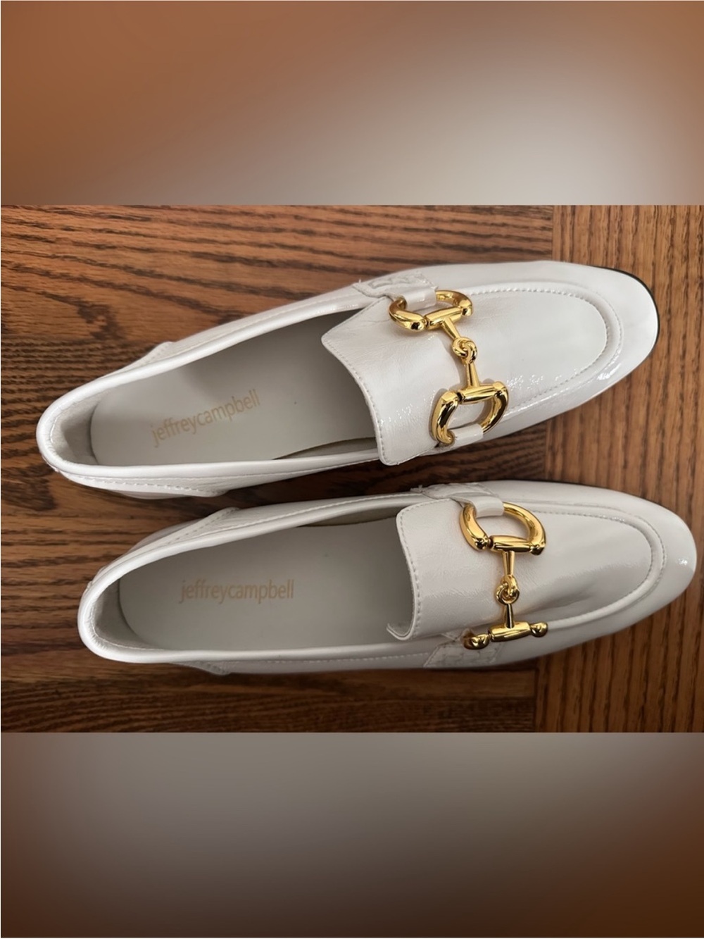 Jeffrey Campbell White Leather Slip-On Loafers with Gold Horsebit
